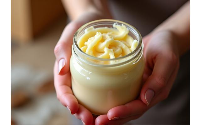 Handen die een zelfgemaakte, romige bodybutter in een glazen potje mixen of scheppen.