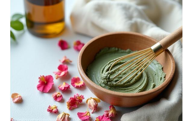 Ingrediënten voor een natuurlijk gezichtsmasker, zoals klei, kruiden en bowls.