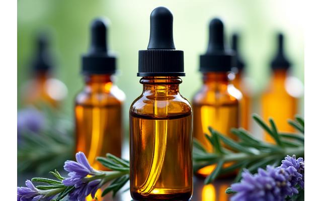 Verschillende etherische oliën in flesjes met plantenextracten en pipetten.